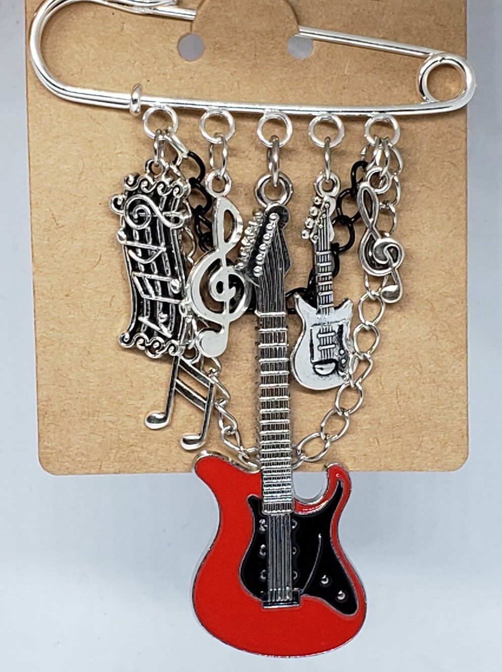Handmade Black Red Silver Guitar Music Charm Safety Pin Brooch